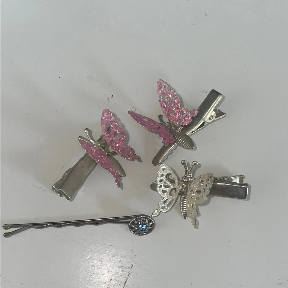 Butterfly Hair Clip Set - Metallic Silver, Black & Pink bundle vintage